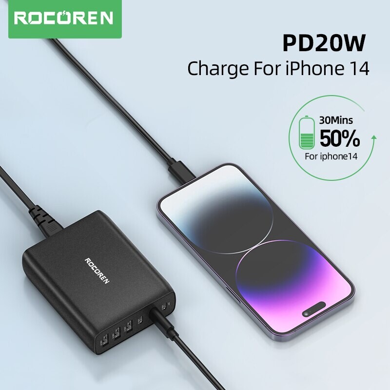 Rocoren 100W USB įkroviklis, tipas C PD greitas įkrovimas, kelių 6 prievadų stalinio įkroviklio stotis, skirta iPhone 14 13 Pro Xiaomi POCO