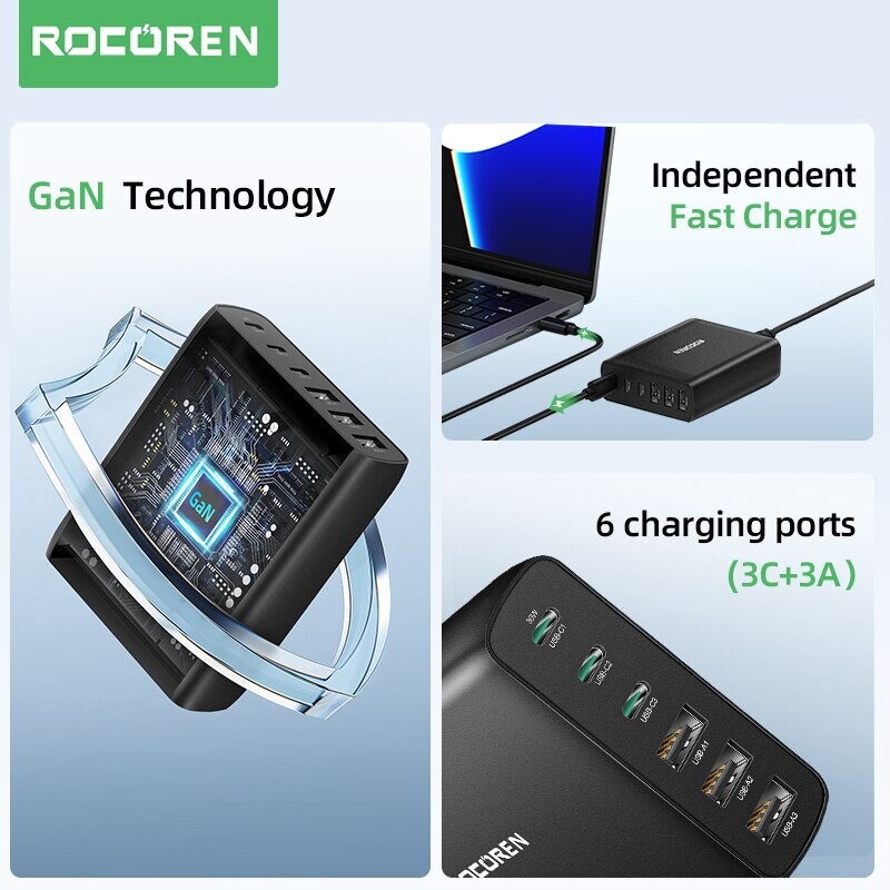 Rocoren 100W USB įkroviklis, tipas C PD greitas įkrovimas, kelių 6 prievadų stalinio įkroviklio stotis, skirta iPhone 14 13 Pro Xiaomi POCO