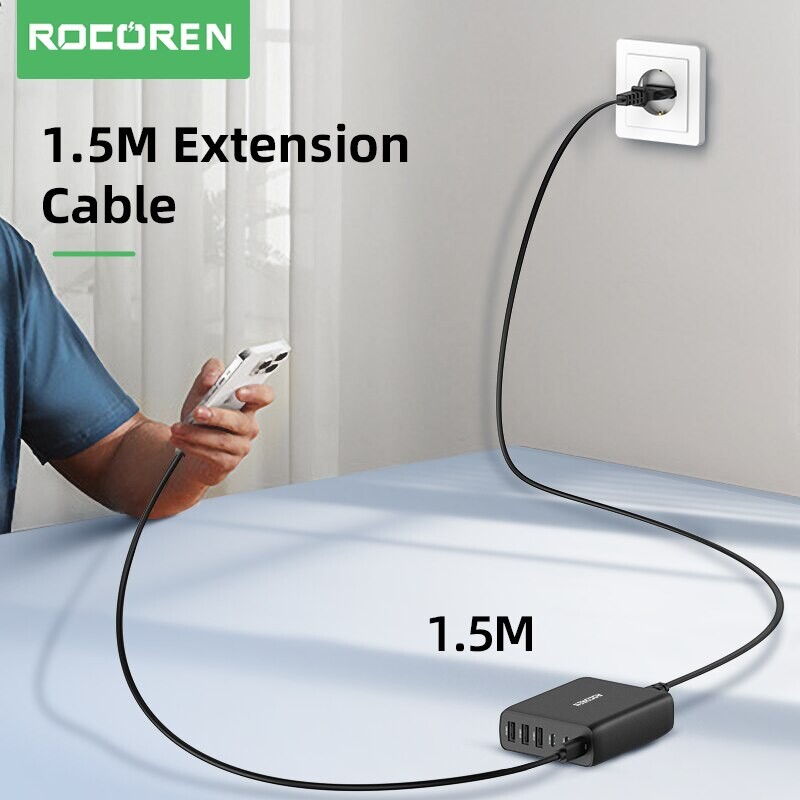 Rocoren 100W USB įkroviklis, tipas C PD greitas įkrovimas, kelių 6 prievadų stalinio įkroviklio stotis, skirta iPhone 14 13 Pro Xiaomi POCO