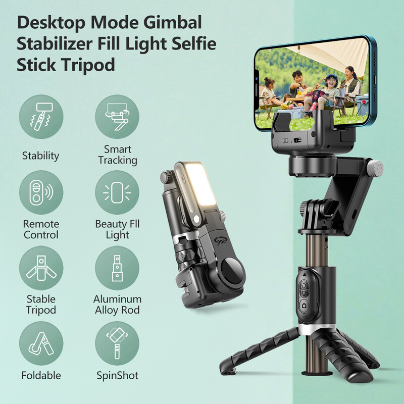 Q18 Gimbali stabilisaator käeshoitav mobiiltelefon Selfie Sticki hoidiku täitevalgusti Bluetooth HUAWEI Xiaomi IPhone`i jaoks Jälgi pildistamisrežiimi
