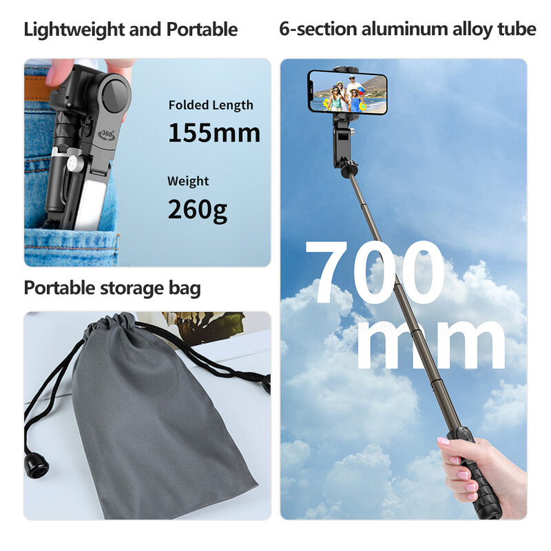 Q18 Gimbali stabilisaator käeshoitav mobiiltelefon Selfie Sticki hoidiku täitevalgusti Bluetooth HUAWEI Xiaomi IPhone`i jaoks Jälgi pildistamisrežiimi