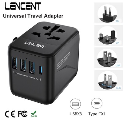 LENCENT Univerzalni putni adapter s 3 USB priključka 1Type-C PD Punjenje All-in-one Putni adapter EU/UK/USA/AUS utikač za putovanja