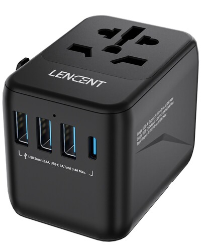 LENCENT Universal Travel Adapter με 3 θύρες USB 1Type-C PD Charging All-in-one Προσαρμογέας ταξιδιού EU/UK/USA/AUS Βύσμα για ταξίδια