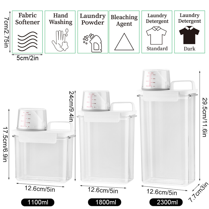 Õhukindel pesupesemisvahendi jaotur, lekkekindel taastäidetav tühi paak pulbripehmendaja valgendi hoiustamiskonteiner koos siltidega