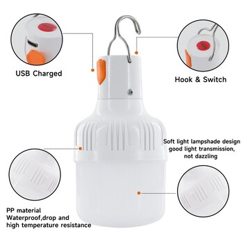 Външна USB акумулаторна LED лампа Крушки с висока яркост Аварийно осветление Закачете Къмпинг Риболов Преносим фенер Нощни светлини