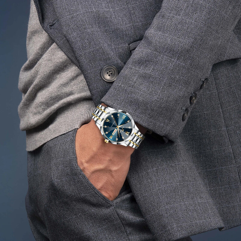 Ceas bărbați Water Diamond Luxury Night Glow Calendar dublu Mișcare cu quartz 41 mm Blue Gold Oțel inoxidabil Ceas de afaceri la modă