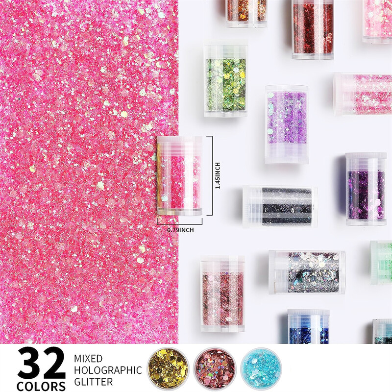 32 bočice s holografskim svjetlucavim, stilskim reflektirajućim svjetlucavim sjajem za tijelo za oči, lice, obraze, kosu, nokte, usne, festivalsku kozmetičku svjetlucavu toplinu