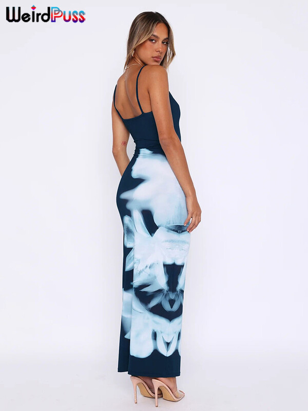 Weird Puss Tight Fit Rochie de femei Sling imprimeu floral fără spate Talie înaltă Elegantă Maxi Robe Vacanță de vară Streetwear Robe de petrecere