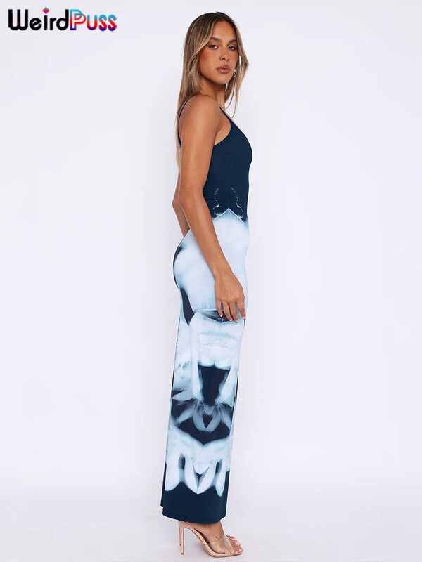 Weird Puss Tight Fit Rochie de femei Sling imprimeu floral fără spate Talie înaltă Elegantă Maxi Robe Vacanță de vară Streetwear Robe de petrecere