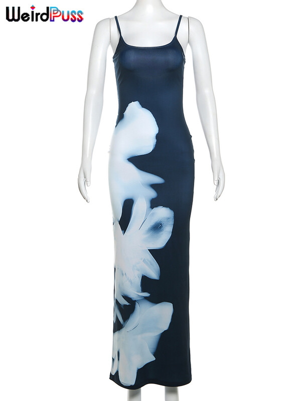 Weird Puss Tight Fit Rochie de femei Sling imprimeu floral fără spate Talie înaltă Elegantă Maxi Robe Vacanță de vară Streetwear Robe de petrecere