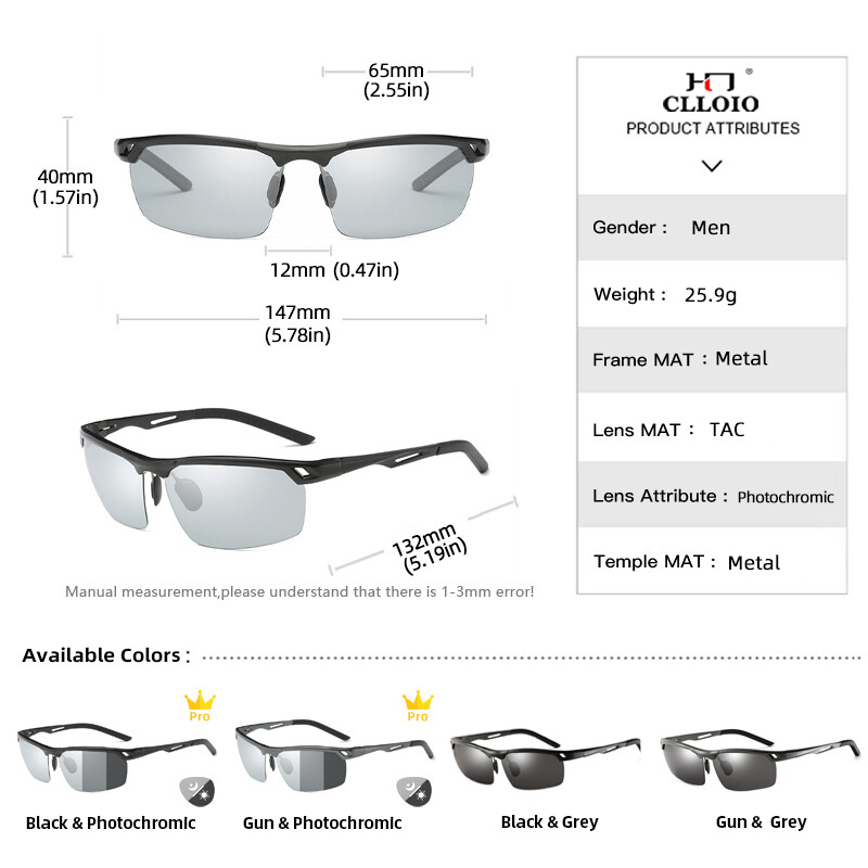 CLLOIO alumiiniumist ääristeta fotokroomsed päikeseprillid meeste polariseeritud päeva-öö sõiduprillid pimestamisvastased UV400 kameeleon päikeseprillid