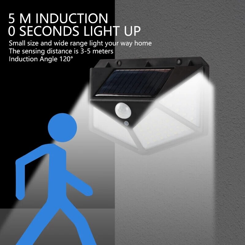 100 LED saulės sieninė lempa lauko lempa, vandeniui atspari judesio jutiklis, saulės energija maitinama saulės spindulių gatvės lempa sodo turėklų dekoratyvinė lempa