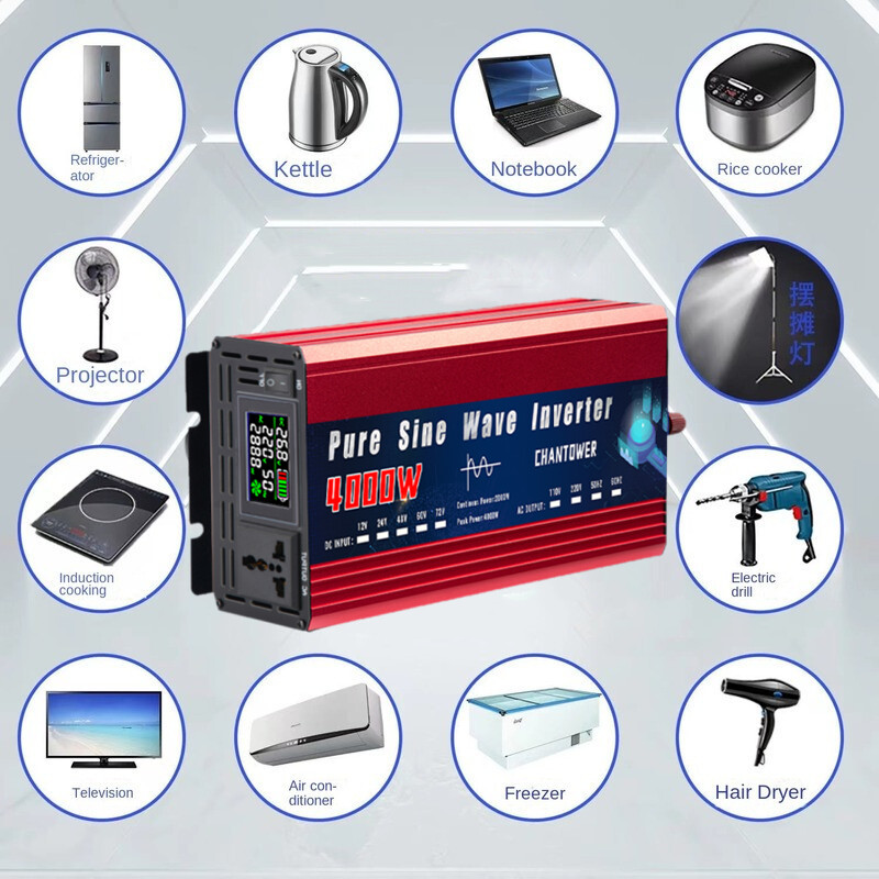 Inverter 12V 220V 2000W 3000W 4000W DC 12v/24v AC 220v/110v Puhas siinuslaine toiteallika pingemuundur auto päikeseenergia inverter