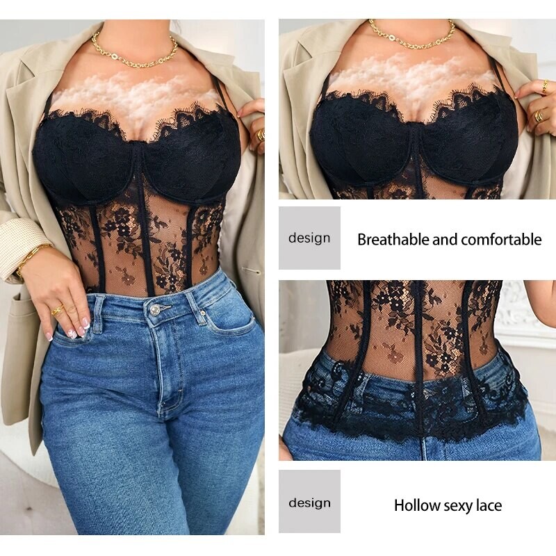 Corset strâns din dantelă cu oase de pește, nou, semi-transparent, pentru femei