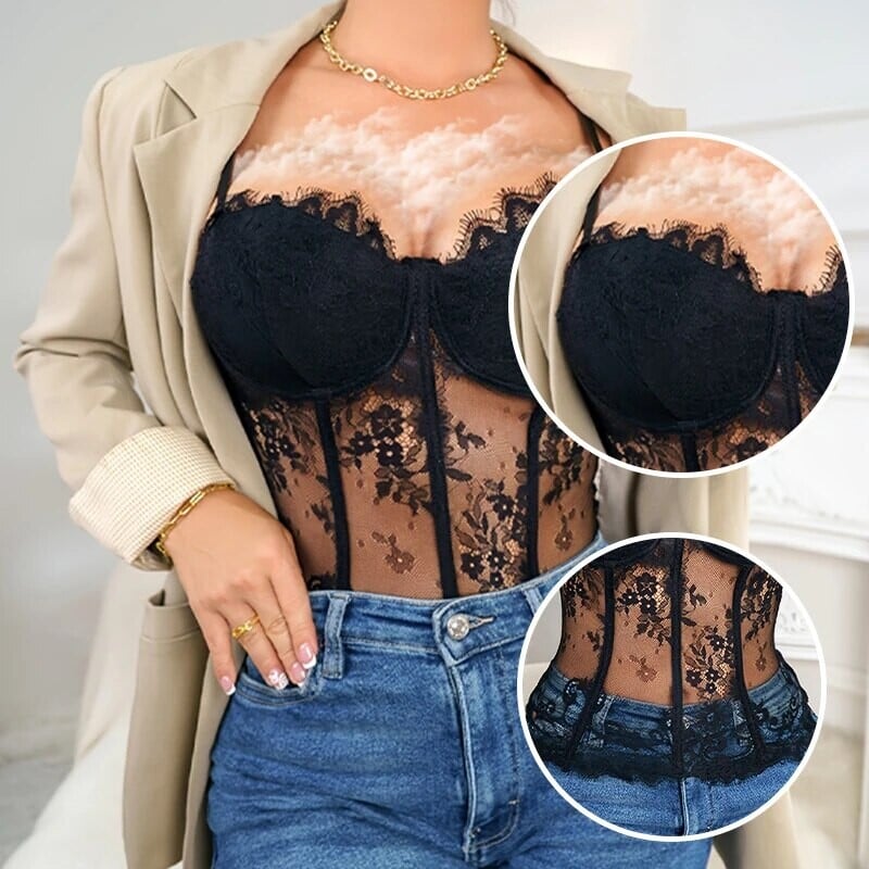 Corset strâns din dantelă cu oase de pește, nou, semi-transparent, pentru femei