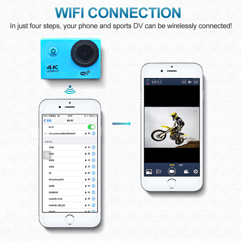 4K Akcijska kamera 170D Podvodno video snimanje Kamera za kacigu Vodootporan 2,0-inčni zaslon WiFi Sportska kamera DV Kamkorderi Snimač