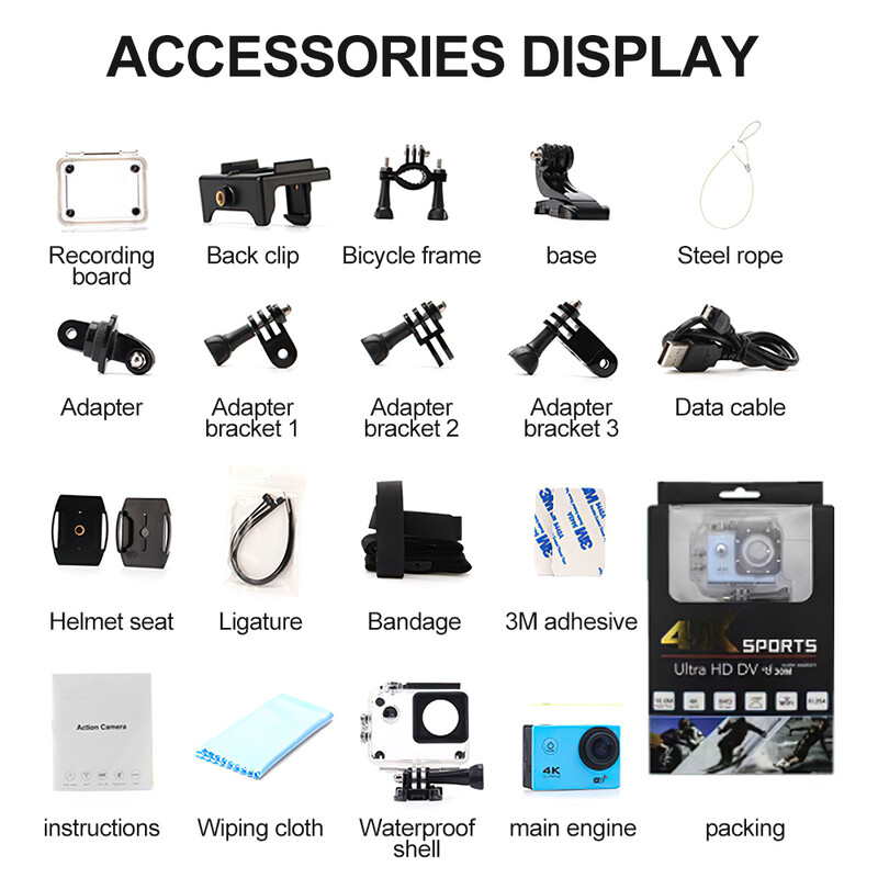4K Akcijska kamera 170D Podvodno video snimanje Kamera za kacigu Vodootporan 2,0-inčni zaslon WiFi Sportska kamera DV Kamkorderi Snimač