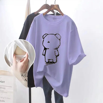 Madingi krūtimi maitinantys marškinėliai trumpomis rankovėmis trumpomis rankovėmis, universalūs vasaros lauko drabužiai mamoms.