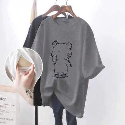 Madingi krūtimi maitinantys marškinėliai trumpomis rankovėmis trumpomis rankovėmis, universalūs vasaros lauko drabužiai mamoms.