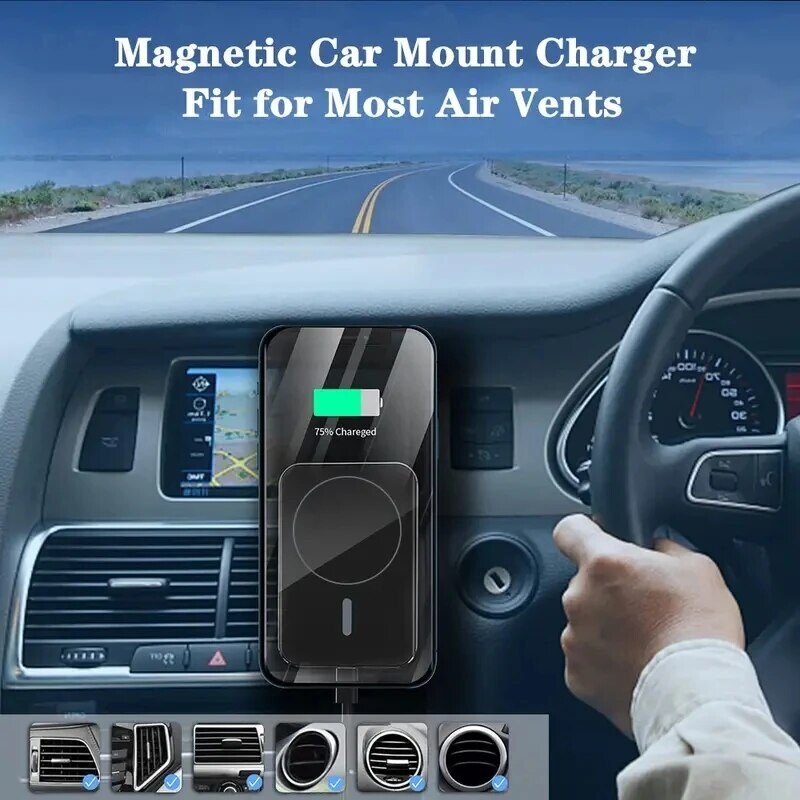 30 W greitas belaidis magnetinis automobilinis įkroviklis, skirtas iPhone 15 14 13 12 Pro Max Mini Air Vent telefono laikiklis, montuojamas Macsafe įkrovimo stotelėje