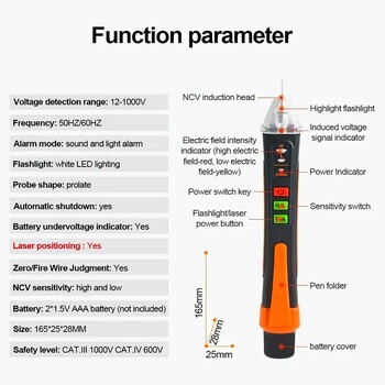 Στυλό ελεγκτή τάσης χωρίς επαφή 12-1000 V AC Πένας ελέγχου τάσης Πορτοκαλί εργαλείο επιθεώρησης έξυπνου κυκλώματος Στυλό μέτρησης ηλεκτρικής ενέργειας