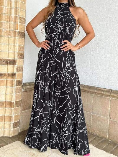 Naiste elegantne vöökoha päitsetega kombinesoon vabaaja printiga lips, varrukateta laia säärega pikad püksid suverõivad