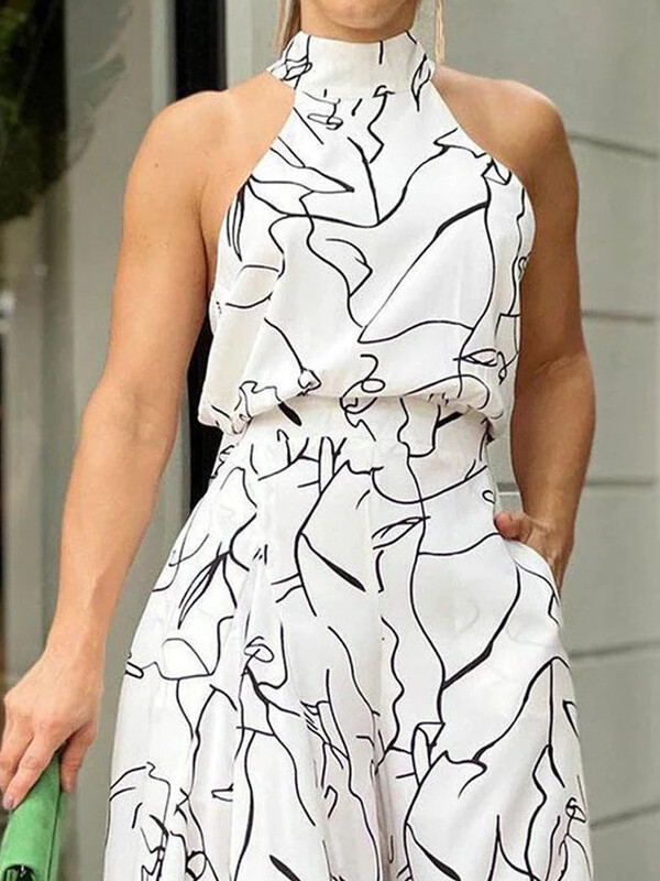 Naiste elegantne vöökoha päitsetega kombinesoon vabaaja printiga lips, varrukateta laia säärega pikad püksid suverõivad