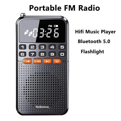 Μίνι φορητό ραδιόφωνο FM με διπλή κεραία Δέκτης ραδιοφώνου τσέπης Bluetooth 5.0 Ηχείο TF κάρτα αναπαραγωγής μουσικής με φακό LED