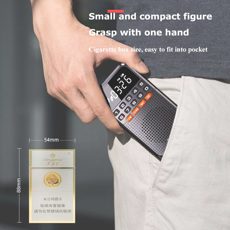 Mini nešiojamasis FM radijas, dvigubos antenos kišeninis radijo imtuvas Bluetooth 5.0 garsiakalbis TF kortelės muzikos grotuvas su LED žibintuvėliu