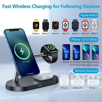 3 σε 1 Wireless Charger Stand Magnetic for iPhone 12 13 14 15 Fast Charging Station for Apple Watch 9 8 7 6 5 Airpods 2 3 Pro