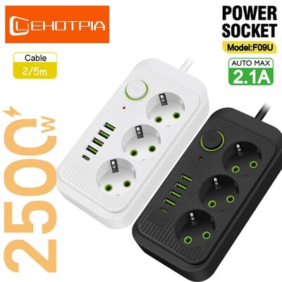 5m EU Plug AC Outlets Multitap Socket Удължителен кабел Електрически разклонител с USB Type C Бързо зареждане Адаптер за мрежов филтър