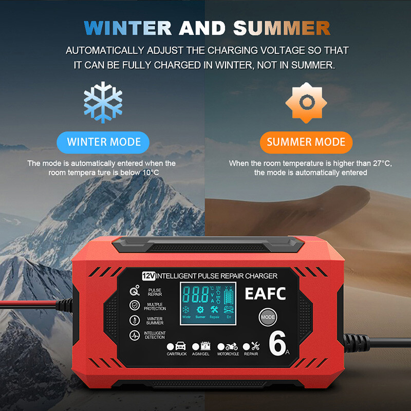 Auto akulaadija 6A 12V auto ja mootorratta aku laadimisseade plii-happeaku nutikas remondi LCD-ekraan