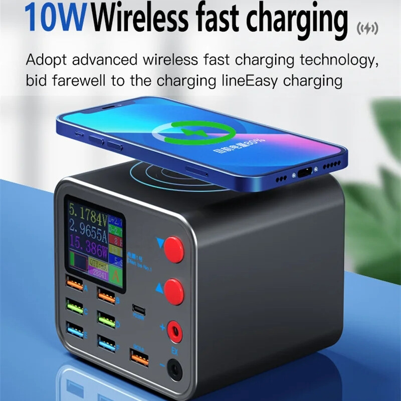 Încărcător rapid rapid PD multifuncțional cu 8 porturi Telefon mobil Detectare linie de date curente Încărcare fără fir pentru iPhone Samsung Xiaomi