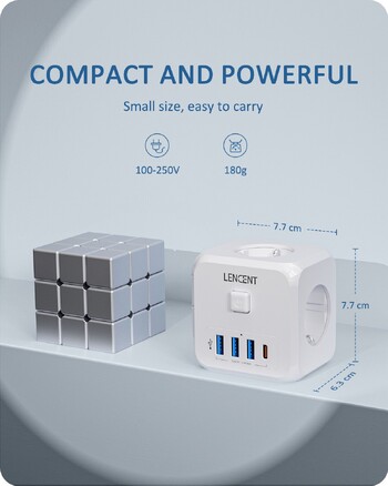 LENCENT Удължител за стенен контакт с 3 AC контакта, 3 USB порта и 1 тип C 7-в-1 EU Plug зарядно превключвател за включване/изключване за дома