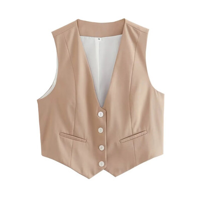 ZRN Ženski modni asimetrični prsluk s prednjim gumbima Vintage V izrez bez rukava Ženska gornja odjeća Chic Top prsluk