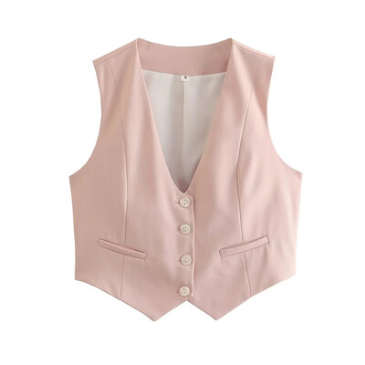 ZRN Ženski modni asimetrični prsluk s prednjim gumbima Vintage V izrez bez rukava Ženska gornja odjeća Chic Top prsluk