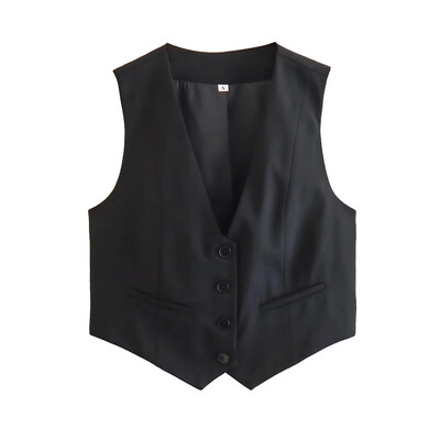 ZRN Ženski modni asimetrični prsluk s prednjim gumbima Vintage V izrez bez rukava Ženska gornja odjeća Chic Top prsluk