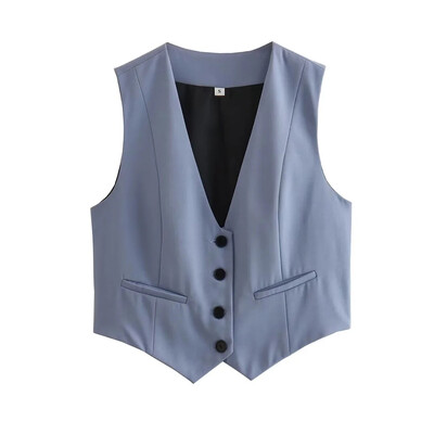 ZRN Ženski modni asimetrični prsluk s prednjim gumbima Vintage V izrez bez rukava Ženska gornja odjeća Chic Top prsluk