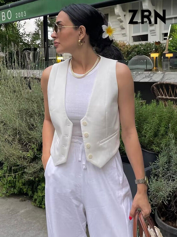 ZRN Ženski modni asimetrični prsluk s prednjim gumbima Vintage V izrez bez rukava Ženska gornja odjeća Chic Top prsluk