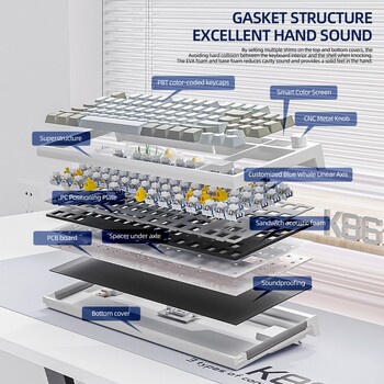 K86 Ασύρματο μηχανικό πληκτρολόγιο με δυνατότητα εναλλαγής θερμότητας Bluetooth/2.4g με οθόνη οθόνης και περιστροφικό κουμπί έντασης ήχου για παιχνίδια και εργασία
