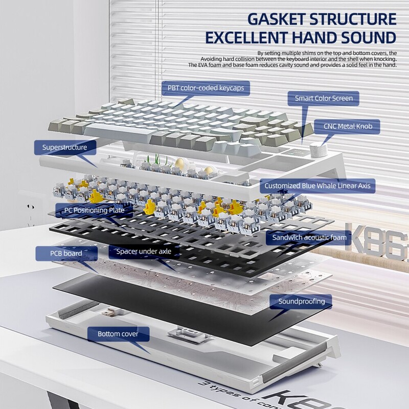 K86 juhtmevaba kuumvahetatav mehaaniline klaviatuur Bluetooth/2.4g ekraani ja helitugevuse pöördnupuga mängude ja töö jaoks