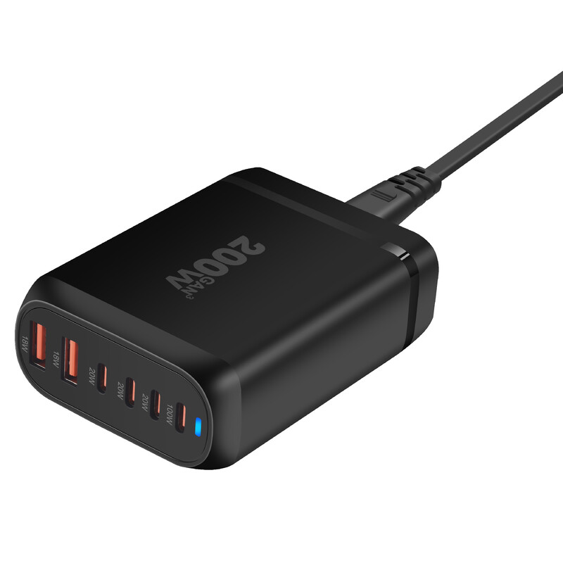 Nou încărcător de birou GaN de 200 W Încărcător USB tip C PD cu 6 porturi Încărcător rapid 3.0 Încărcător rapid Încărcător USB mobil