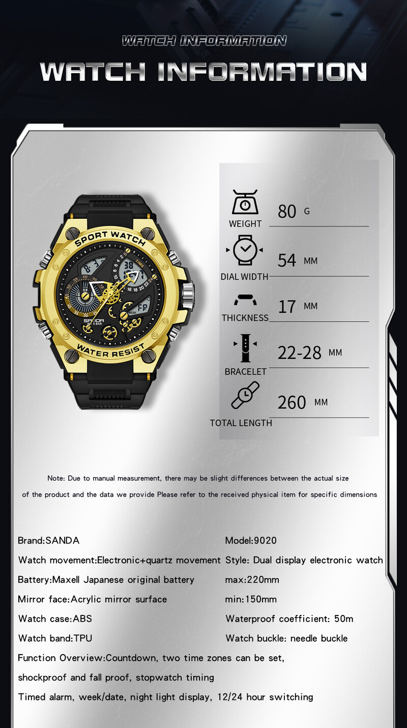 Sanda meeste käekell, multifunktsionaalne mood trend välistingimustes valgustav äratuskell veekindel põrutuskindel meeste käekell 9020