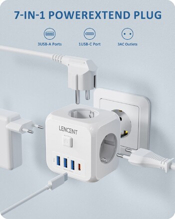 LENCENT Удължител за стенен контакт с 3 AC контакта, 3 USB порта и 1 тип C 7-в-1 EU Plug зарядно превключвател за включване/изключване за дома