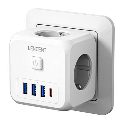 LENCENT seinakontakti pikendus 3 vahelduvvoolu pistikupesaga, 3 USB-porti ja 1 C-tüüpi 7-ühes EU-pistikulaadija sisse/välja lüliti kodu jaoks