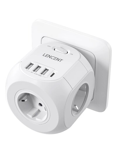 LENCENT seinakontakti pikendus 3 vahelduvvoolu pistikupesaga, 3 USB-porti ja 1 C-tüüpi 7-ühes EU-pistikulaadija sisse/välja lüliti kodu jaoks