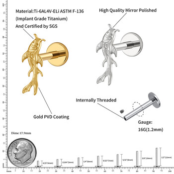 Right Grand ASTM F136 Титаниева обеца с хрущял на риба кои Малък трагус, спирала, раковина, пиърсинг с плосък гръб, 16G Бижута за животинско тяло