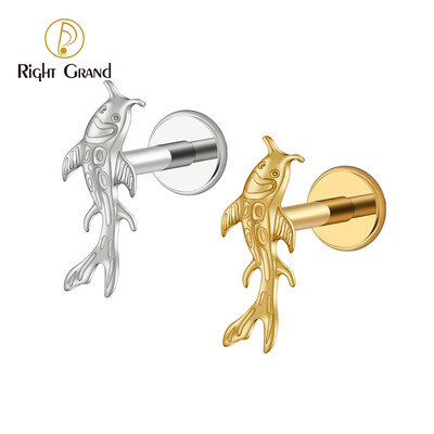 Dreapta Grand ASTM F136 Cercei din cartilaj de pește Koi din titan Tiny Tragus Stud Helix Conch Flatback Piercing 16G Bijuterii pentru corp animal