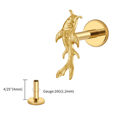 Right Grand ASTM F136 Titanium Koi Riblja hrskavica Naušnica Tiny Tragus Stud Helix Conch Flatback Piercing 16G Nakit za životinjsko tijelo