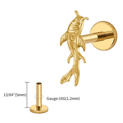 Right Grand ASTM F136 Titanium Koi Riblja hrskavica Naušnica Tiny Tragus Stud Helix Conch Flatback Piercing 16G Nakit za životinjsko tijelo